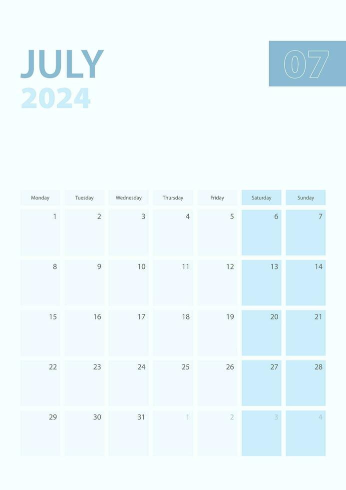 vertikal kalender sida av juli 2024, vecka börjar från måndag. vektor