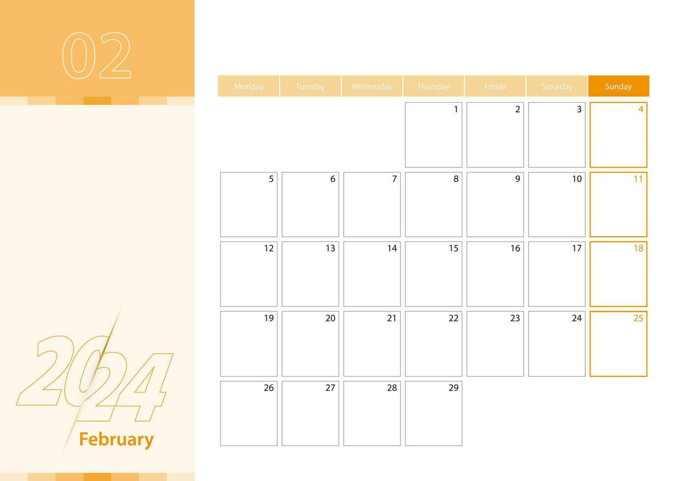 horizontal Planer zum Februar 2024 im das Orange Farbe planen. das Woche beginnt auf Montag. ein Mauer Kalender im ein minimalistisch Stil. vektor