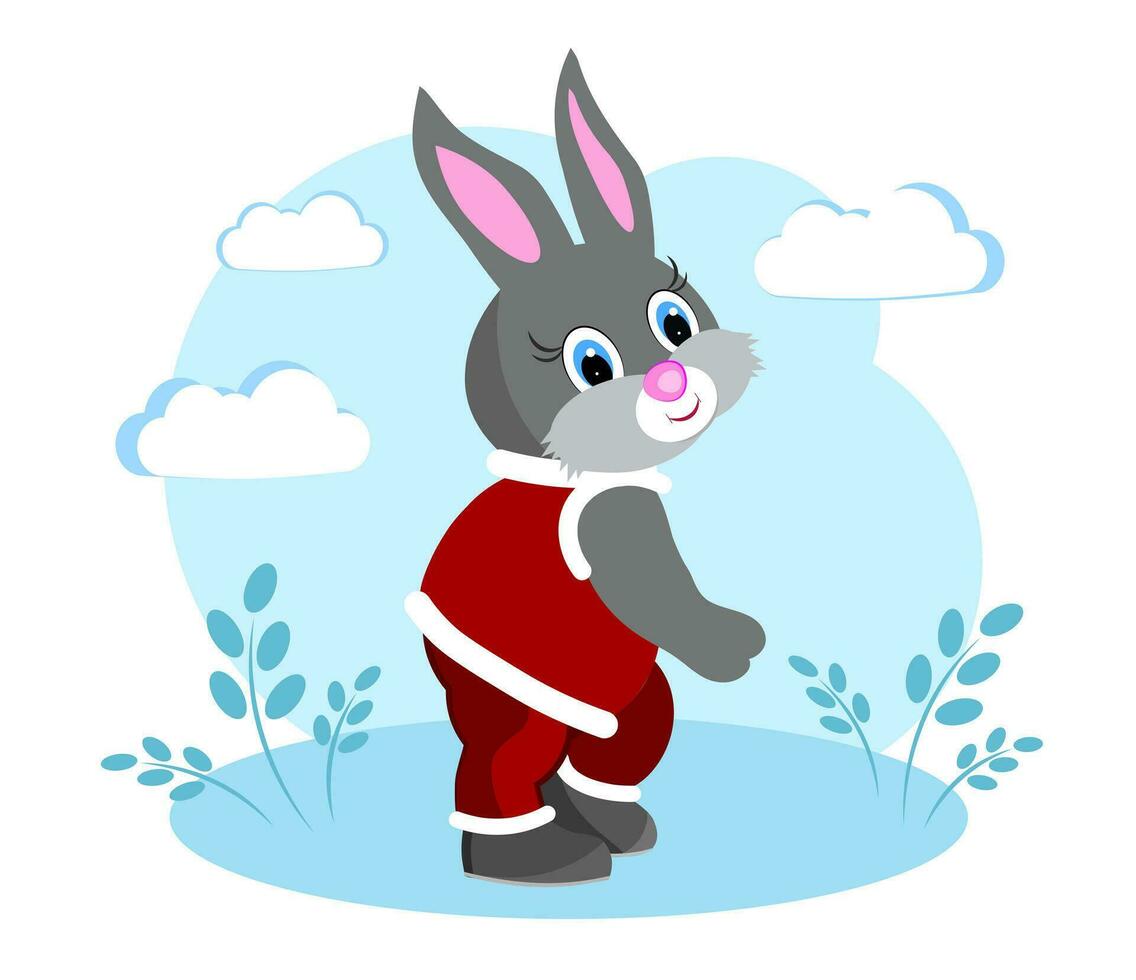 jul kanin. en grå kanin i de kostym av santa claus. vektor
