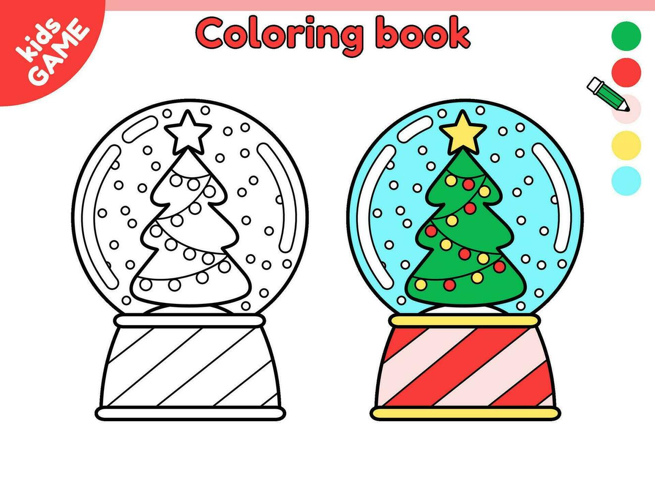 Schnee Glas Ball mit Weihnachten Baum. Seite von Färbung Buch zum Kinder mit Karikatur Schnee Globus. Farbe Gliederung Bild. Aktivität zum Kinder. Vektor schwarz und Weiß Illustration von das Urlaub Dekoration