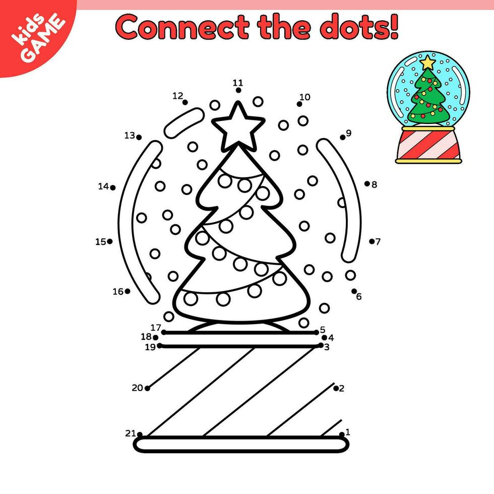 Punkt zu Punkt Spiel zum Kinder. verbinden das Punkte durch Zahlen und zeichnen ein Karikatur Weihnachten Schnee Glas Ball. Aktivität Buch zum Kinder. Baby lehrreich Puzzle. Vektor Illustration Schnee Globus mit Weihnachten Baum.