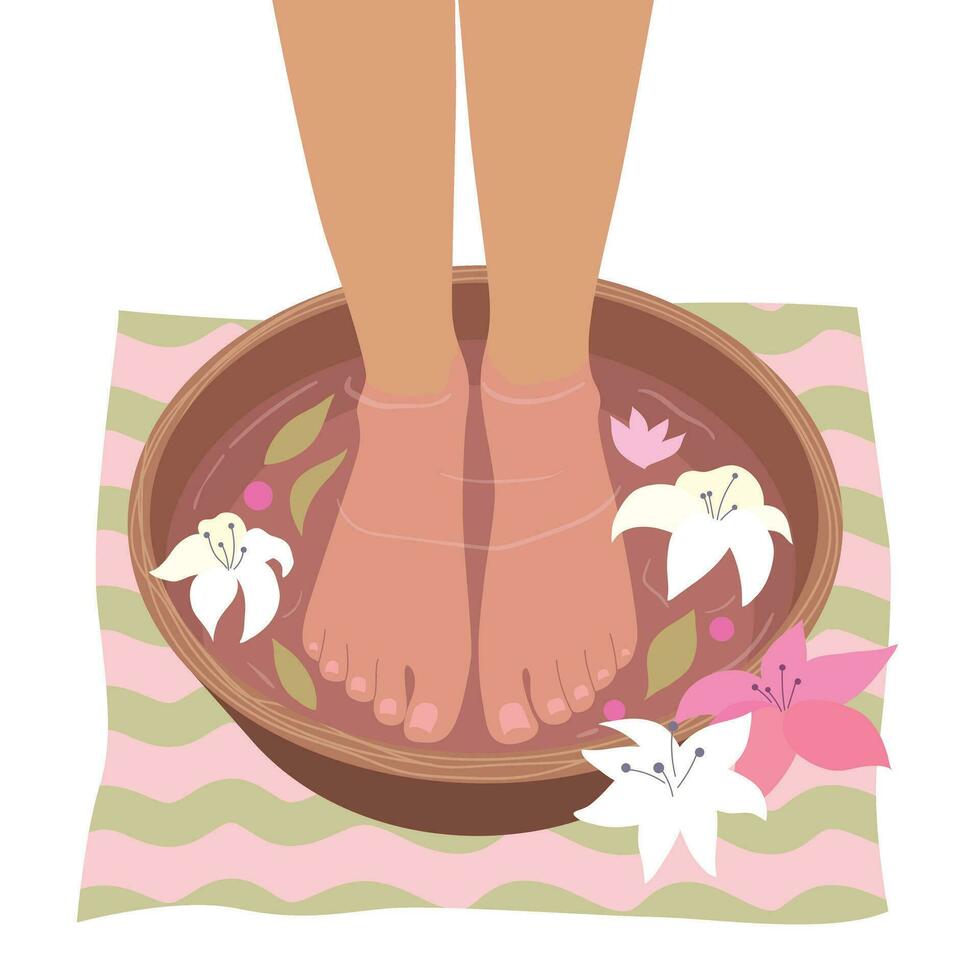 fot spa behandlingar. kvinnors fötter i skål med blommor och löv. skönhet salong. fot bad. vektor illustration med spa förfaranden. pedikyr topp se. kvinna ben under thai massage