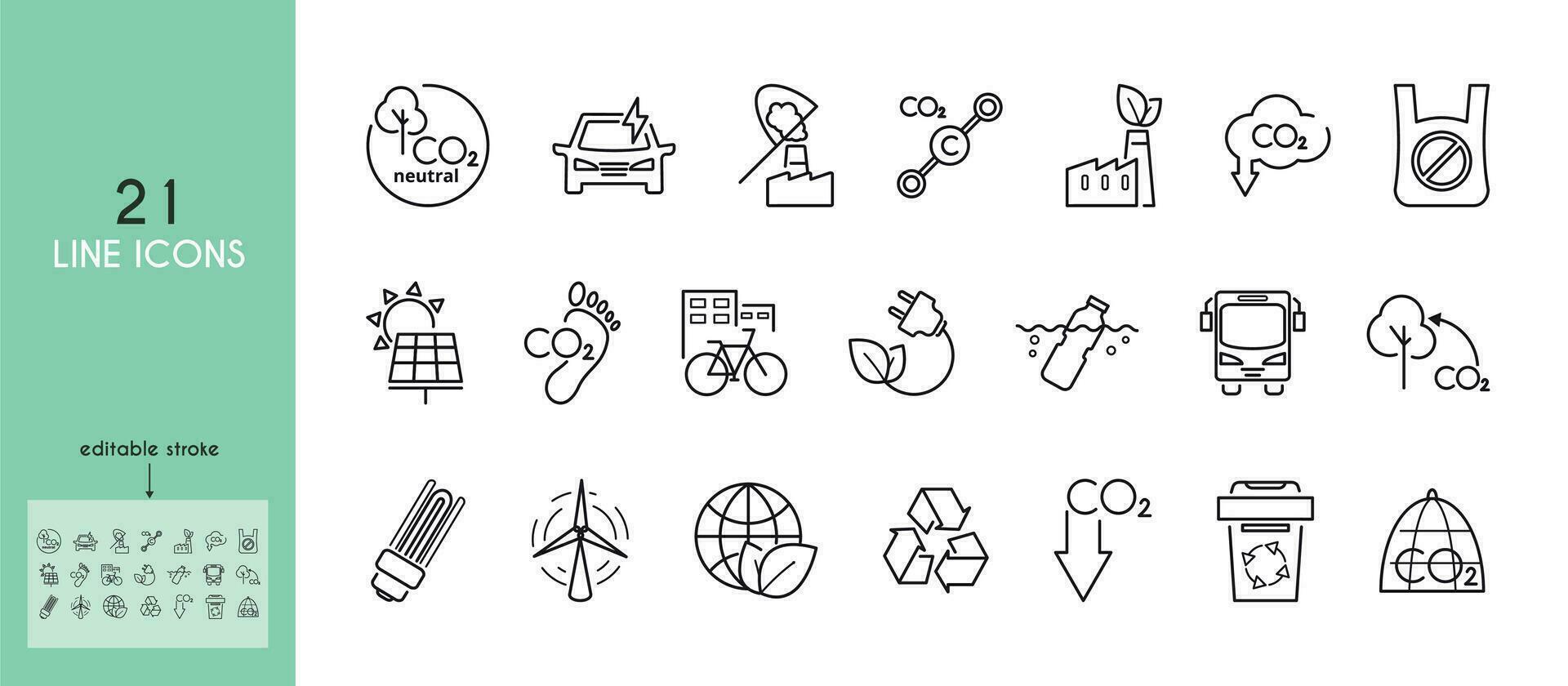 Kohlenstoff neutral Linie Symbol Satz. Erfassung und Lagerung, elektrisch Auto, Molekül, Ozean Verschmutzung, Fahrrad, Käfig, Solar- Tafel, Müll Behälter, Bus, Öffentlichkeit Transport. Gliederung singen. vektor