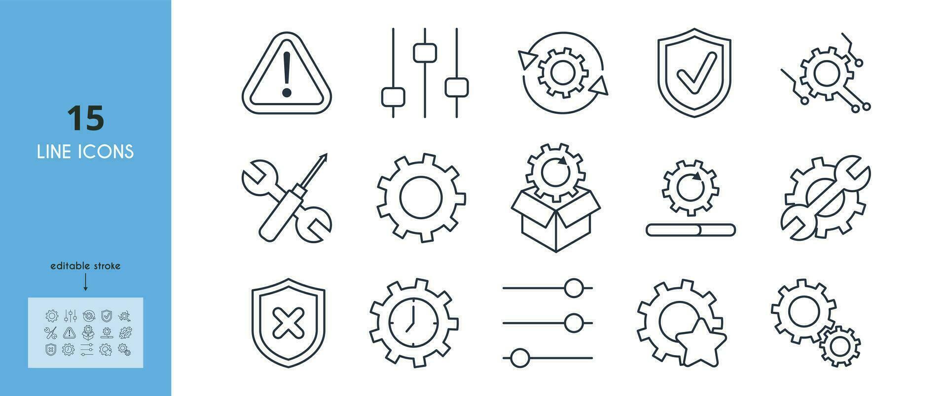 aufstellen, Aktualisierung und die Einstellungen Linie Symbol set.warnung, Schieberegler, herunterladen, Gefahr, Verteidigung, sicher, Werkzeug, entpacken, Prämie Aktualisierung, Schild Vektor Illustration. Gliederung singt. editierbar Schlaganfall.