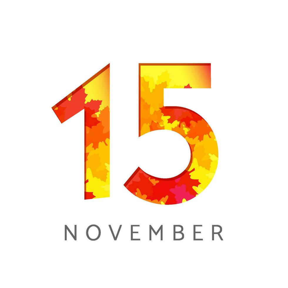 november 15 kalender siffra logotyp. höst tecken begrepp. planerare eller baner mall. 1 och 5 symbol. kreativ ikon med falla löv. säsong- emblem med röd, gul och orange färger vektor