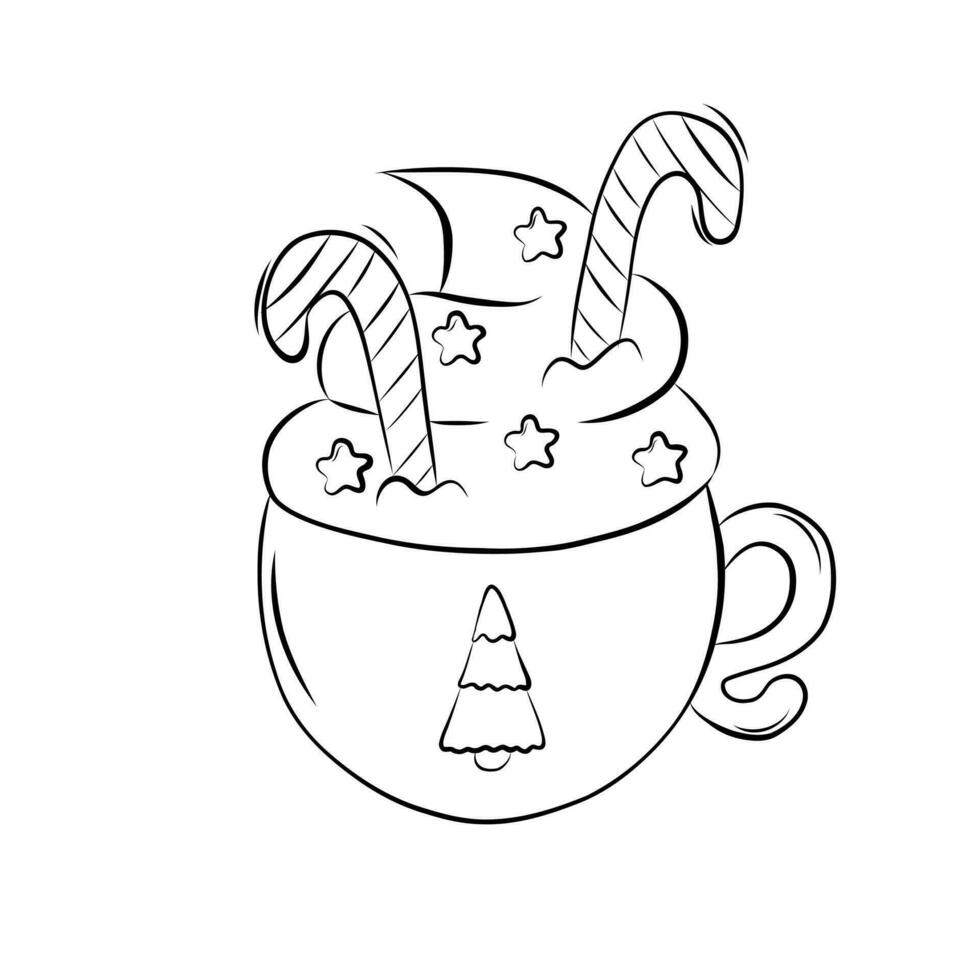 jul kaffe med grädde och convetts i en råna dekorativ element i klotter stil. jul färg bok. enkel vektor illustration.