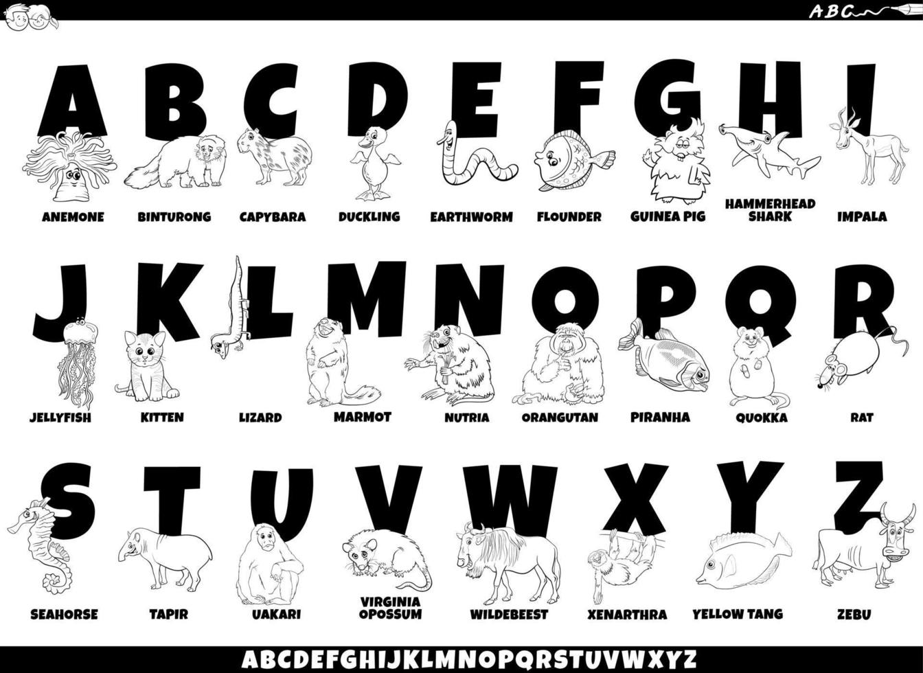 Cartoon-Alphabet-Set mit lustigen Tieren Malbuchseite vektor