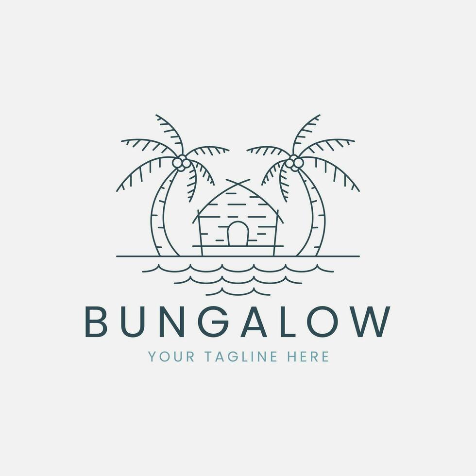 Bungalow Linie Kunst Logo Vektor mit Meer und Palme Baum Illustration Vorlage Design. Symbol Natur