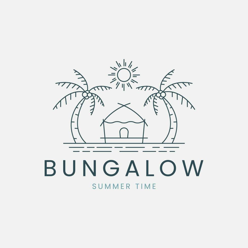 Bungalow Linie Kunst Logo Vektor mit Meer und Palme Baum, Sonne Illustration Vorlage Design