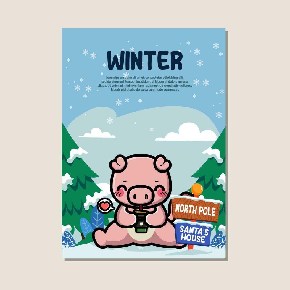 affisch mall för vinter- med söt gris vektor