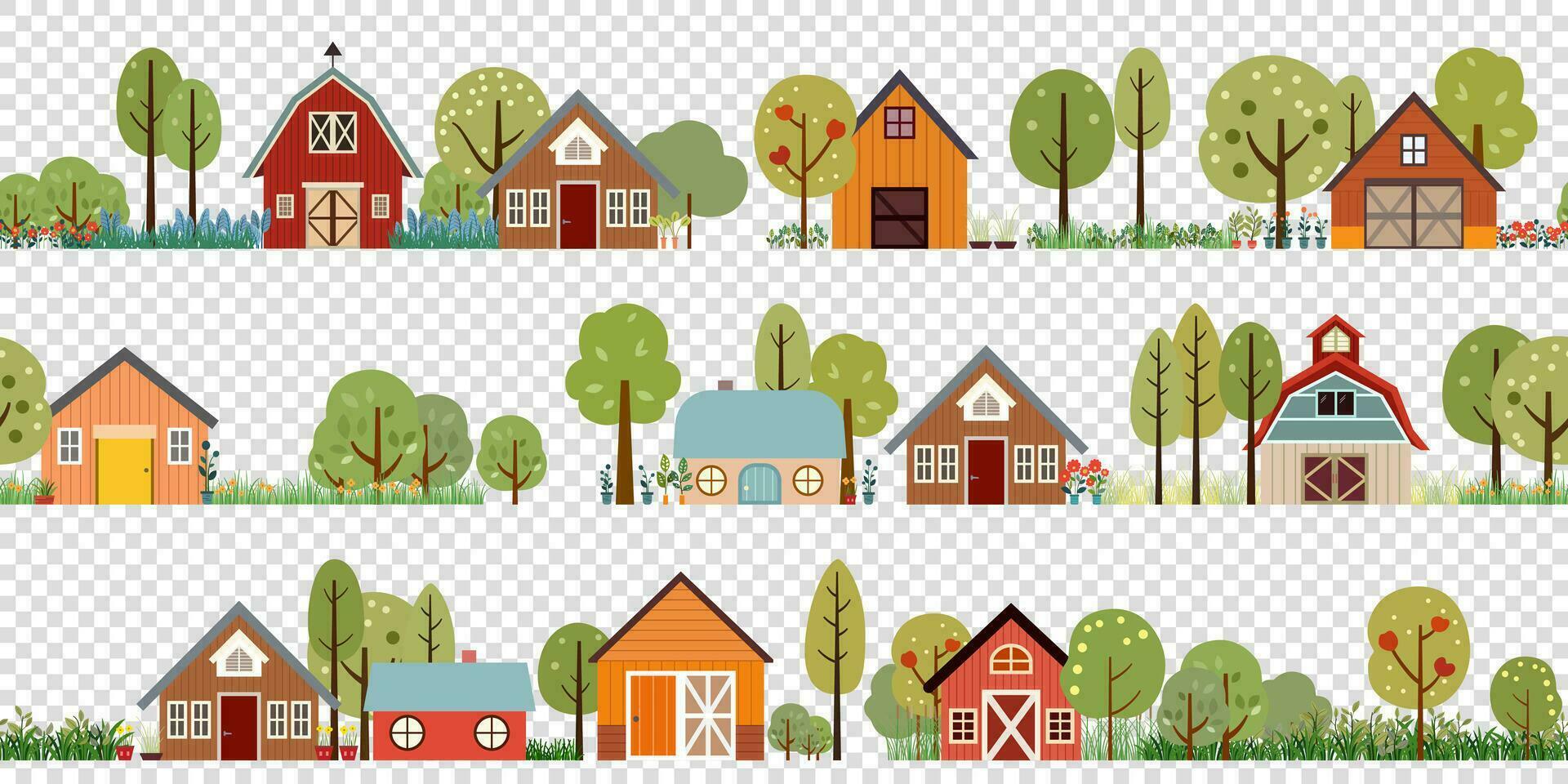 gräns vektor ladugård odla, hus, äng och träd panorama- landskap scen platt stil. by lantbruk isolerat illustration