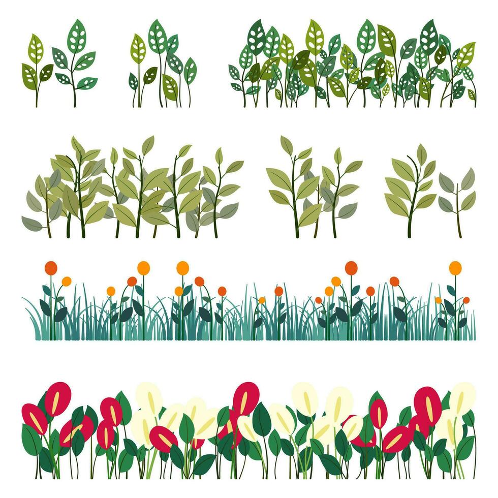 gräs och vild blommor isolerat bakgrund. anthurium tropisk växt med grön löv, röd och vit blommor. vektor platt illustration