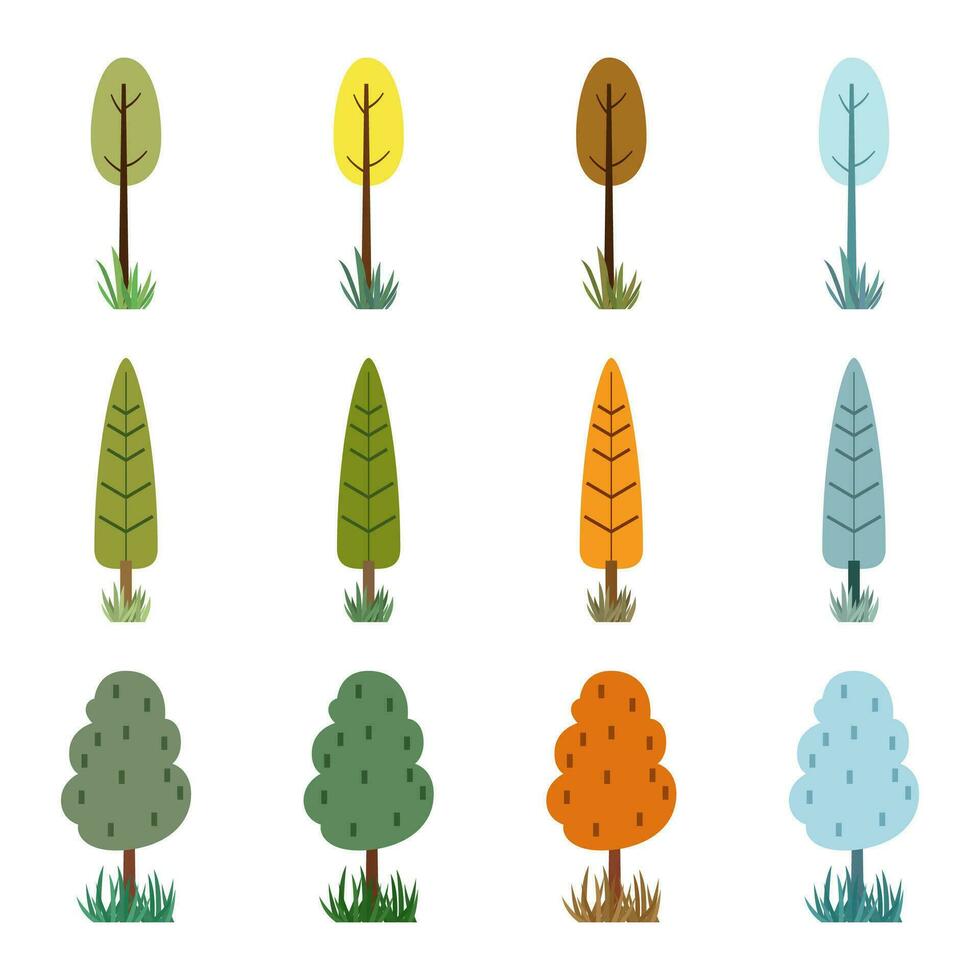 uppsättning av träd och gräs platt skog natur växter isolerat löv eko. vår, sommar, höst och vinter- vektor illustration