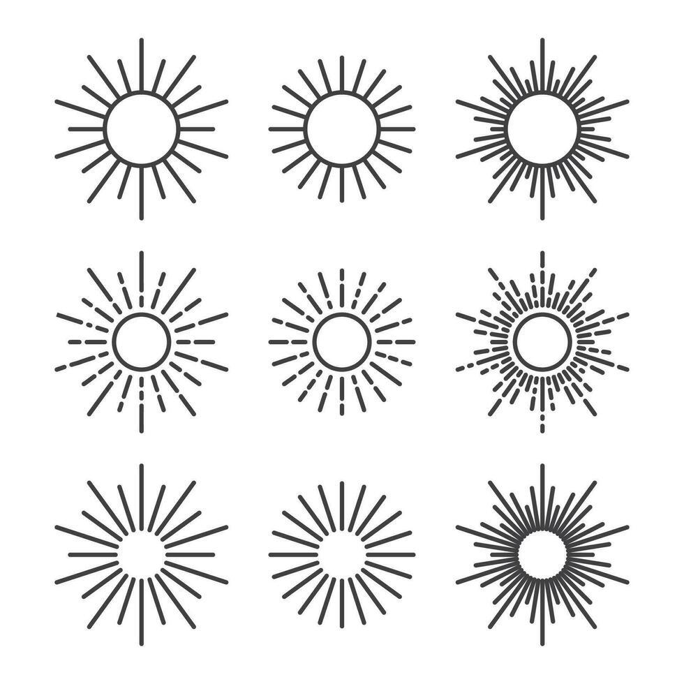 uppsättning av linje konst sunburst ikoner översikt Sol vektor illustration