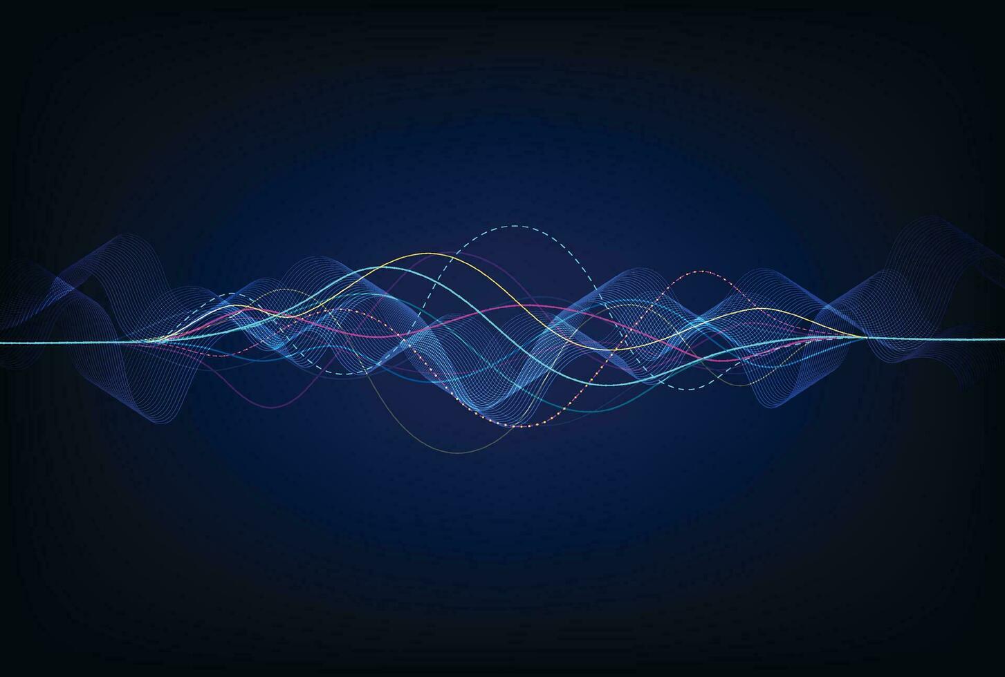 våglinjer flyter dynamiskt. artificiell intelligens djupinlärning visualiseringsnätverk koncept för ai, musik, ljud. vektor illustration