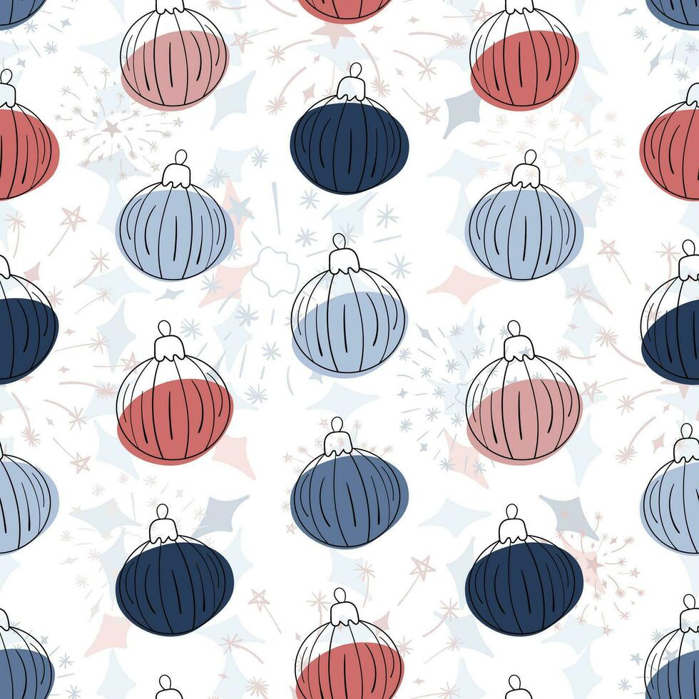 nahtlos Muster mit Neu Jahre Clip Art Kritzeleien. Hand gezeichnet Weihnachten Baum Bälle mit Rot, Blau Flecken und ein süß Textur von Star Formen und Feuerwerk im das Hintergrund vektor