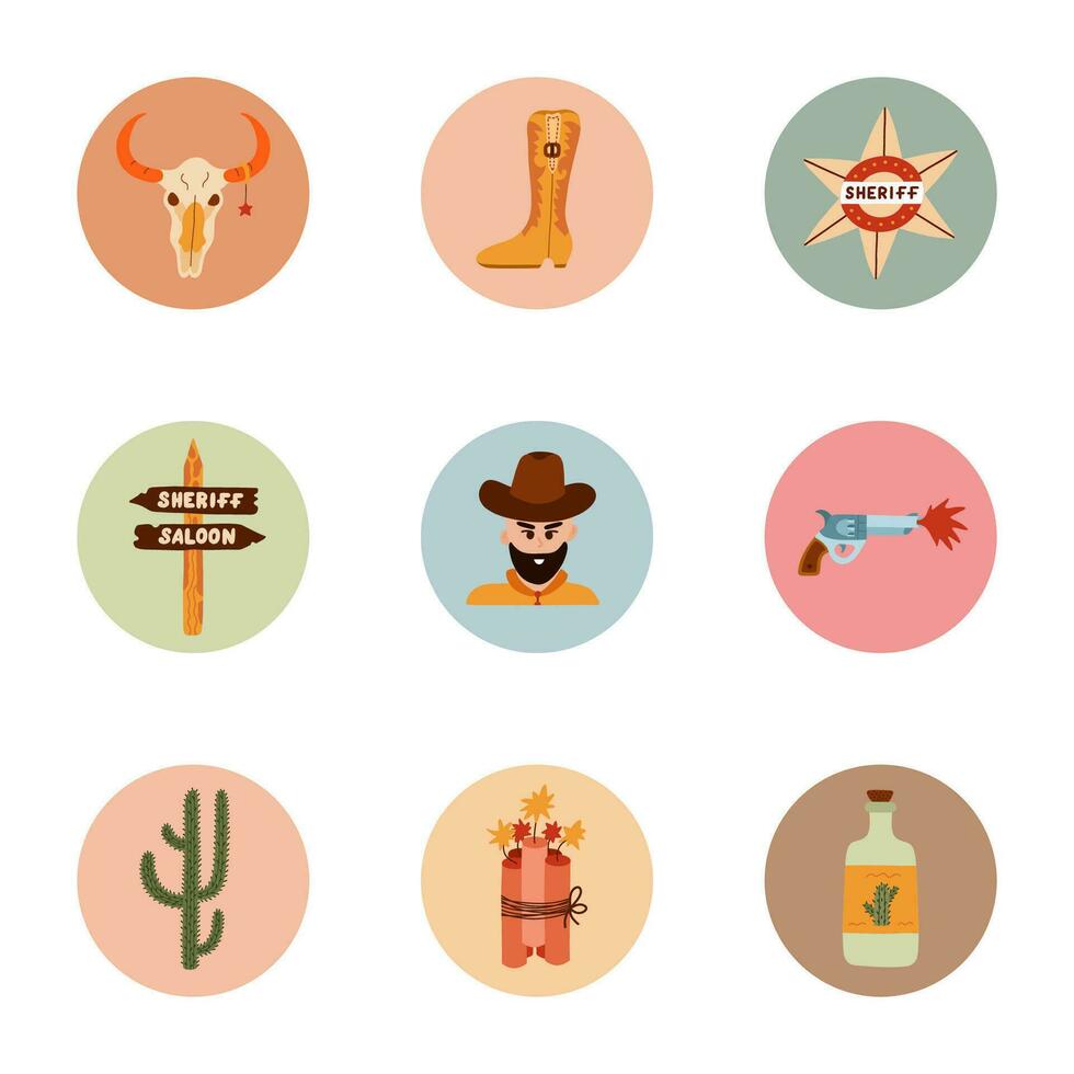 modisch und gemütlich runden Highlights zum anders Sozial Medien, Blogs, Geschäft, branding mit wild Westen Illustrationen. Startseite Symbole zum Geschichten mit Cowboy Western Vektor Clip Art im warm Farben