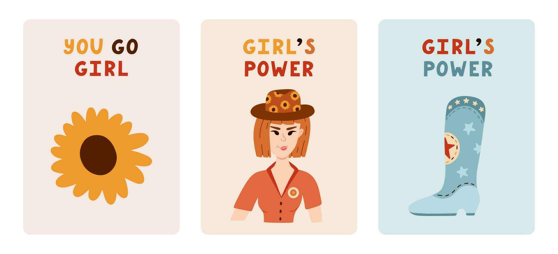 uppsättning av söt hälsning kort handla om flicka kraft, feminism, cowgirl. affisch med hand dragen illustration i vild väst och cowboy tema. vykort mall med motiverande text handla om kvinnor vektor