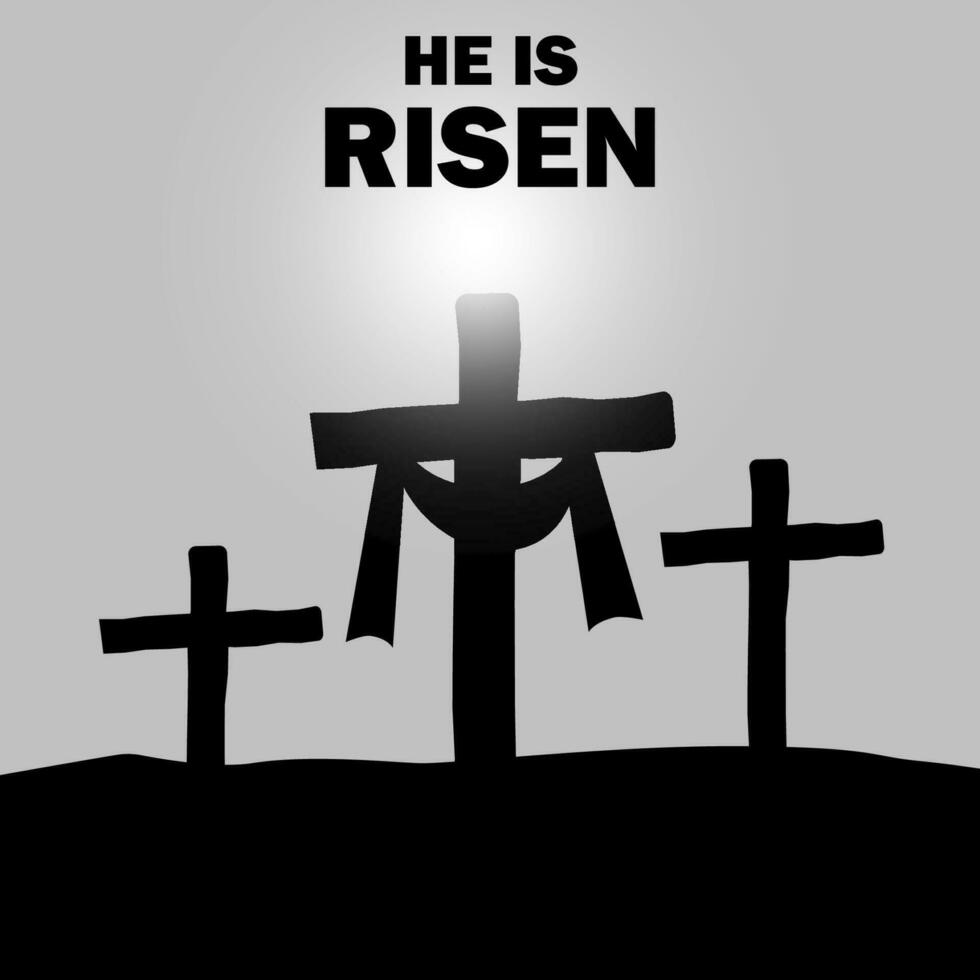 er ist auferstanden. Ostern. Jesus Christus hat auferstanden. Auferstehung von Jesus. drei Kreuze Silhouette. Vektor Illustration