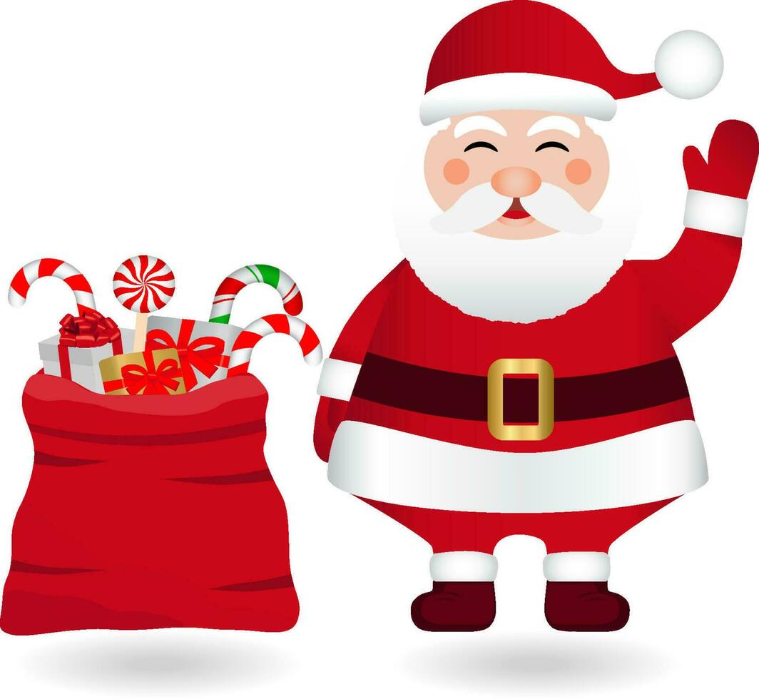 rolig santa claus med gåva säck. glad jul och Lycklig ny år hälsning kort. vektor illustration
