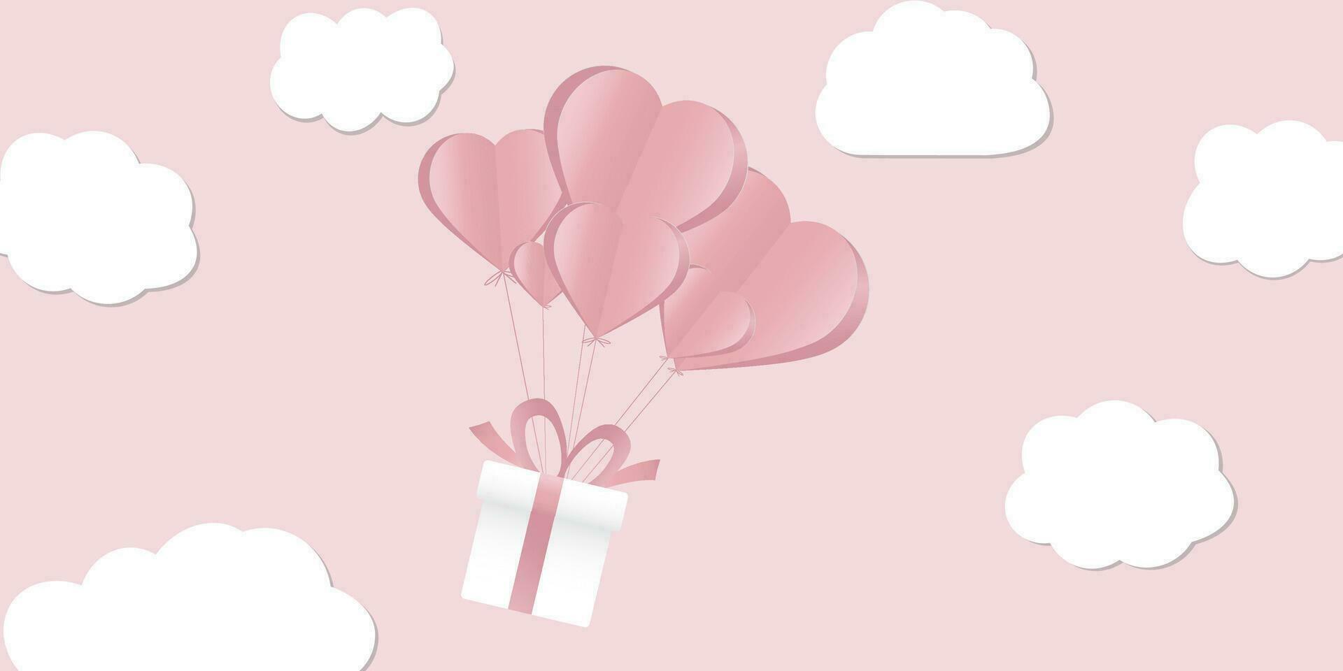 flygande gåva låda med knippa av hjärta ballonger i de himmel. alla hjärtans dag dag. hjärta form. design element för tapeter, bröllop inbjudningar, hälsning kort, valentine kort. vektor illustration