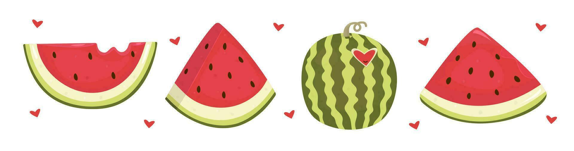 saftig vattenmelon uppsättning, färgrik vektor illustrationer i grön och röd färger