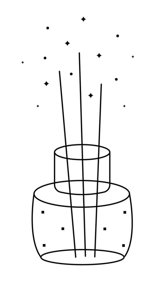 svart linje rökelse pinnar, piktogram av en glas parfym burk, magisk doft, vektor klotter av arom för en spa salong, illustration i minimal stil