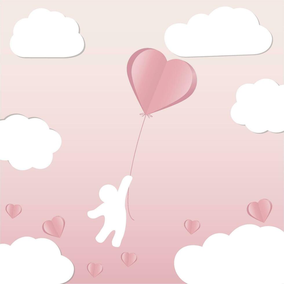 fliegend Person mit Bündel von Herz Luftballons im das Himmel. Valentinstag Tag. Herz form. Design Element zum Tapeten, Hochzeit Einladungen, Gruß Karten, Valentinstag Karten. Vektor Illustration. eps 10