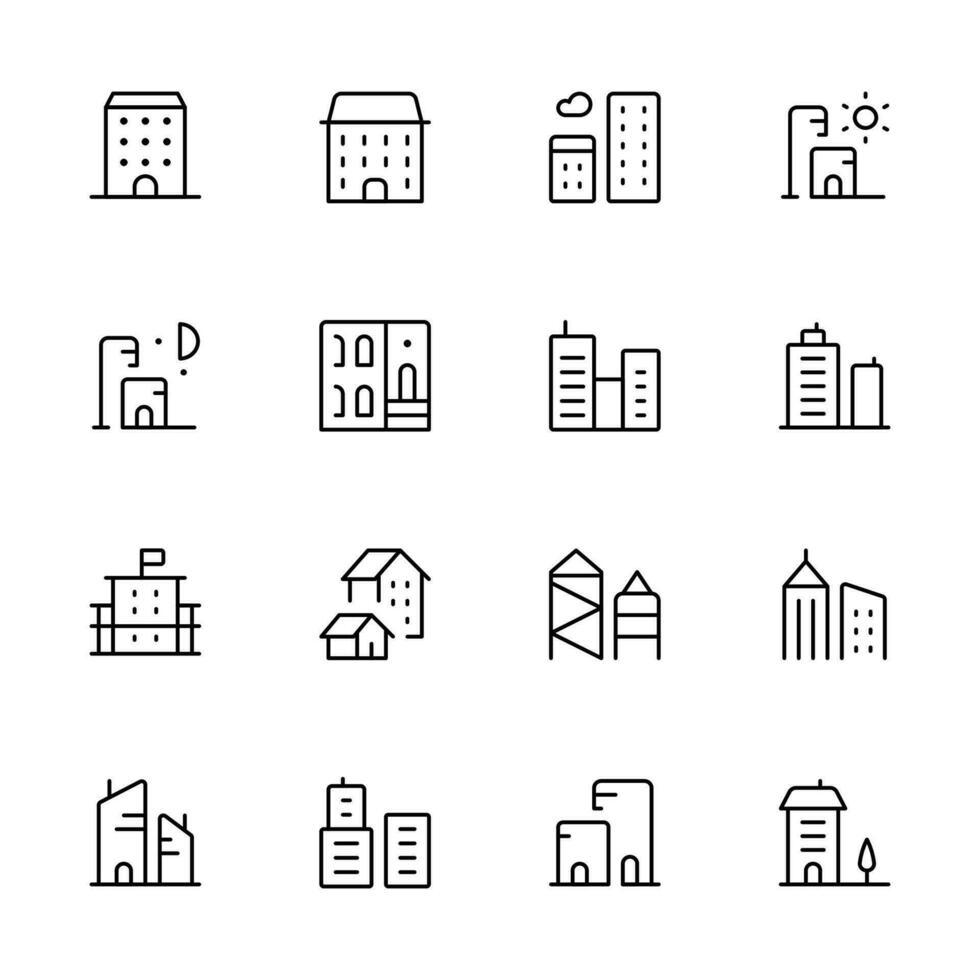 byggnad ikoner, sådan som stad, lägenhet, bostadsrätt, stad. linjär redigerbar stroke. linje, fast, platt linje, tunn stil och lämplig för webb sida, mobil app, ui, ux design. vektor