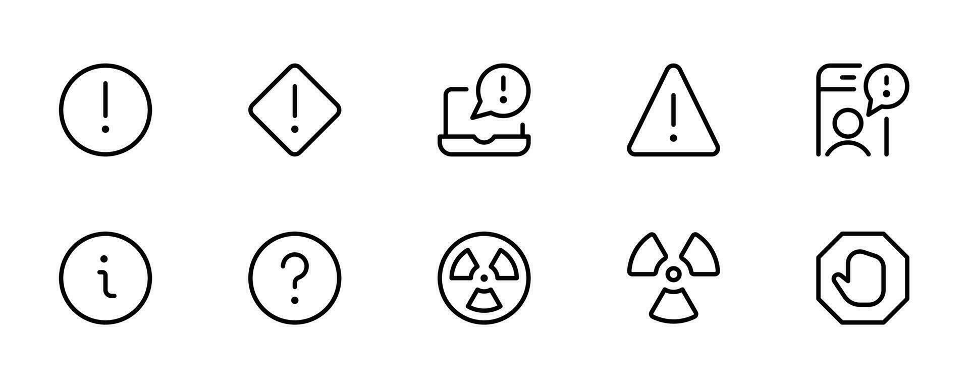 Vorsicht Warnung Symbole Satz. Sammlung von linear einfach Netz Symbole eine solche wie Ausruf markieren, Warnung Zeichen, Sicherheit, Fehler, Attacke, stoppen, Benachrichtigung und Andere. editierbar Vektor Schlaganfall.