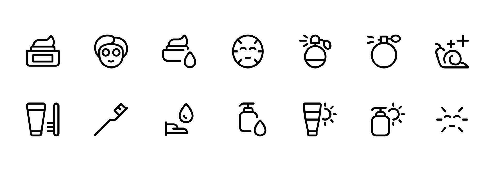kroppsvård produkt ikon vektor uppsättning design med redigerbar stroke. linje, fast, platt linje, tunn stil och lämplig för webb sida, mobil app, ui, ux design.