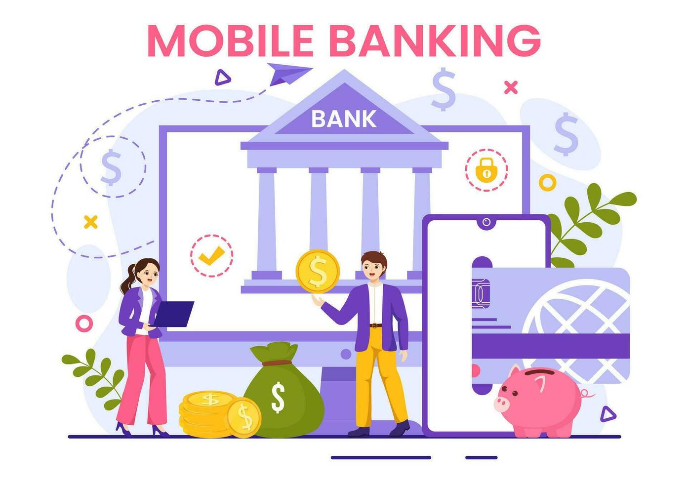 mobil bank vektor illustration med plånbok app för betalning från telefon och trådlös kontanter transaktion förbi kreditera och debitera kort i platt bakgrund