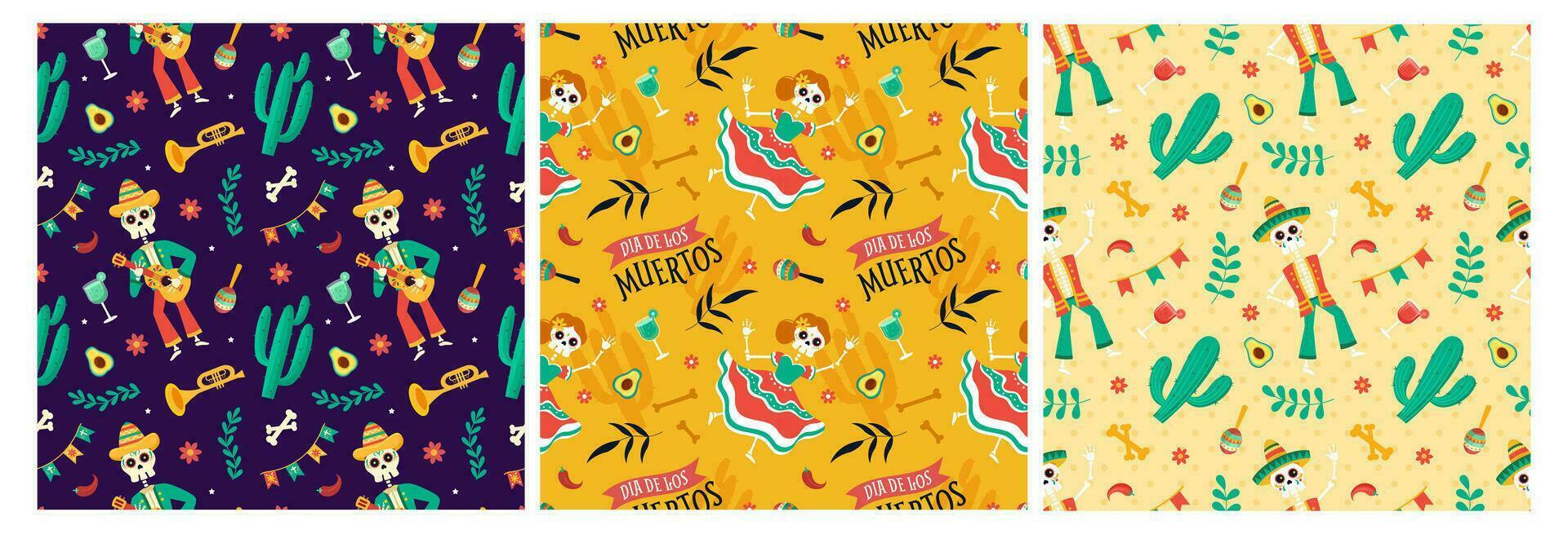 uppsättning av dia de muertos sömlös mönster illustration med dag av de död- och skelett element i mexikansk design vektor