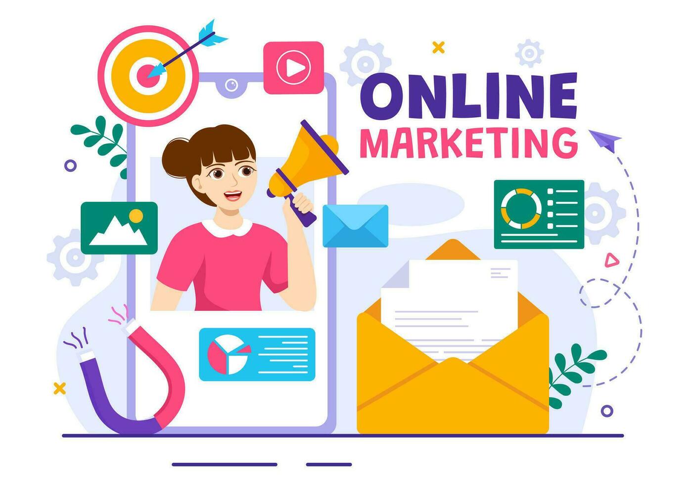 Digital online Marketing Vektor Illustration mit Geschäft Analyse, Inhalt Strategie, Anzeige Targeting und Verwaltung im eben Karikatur Hintergrund