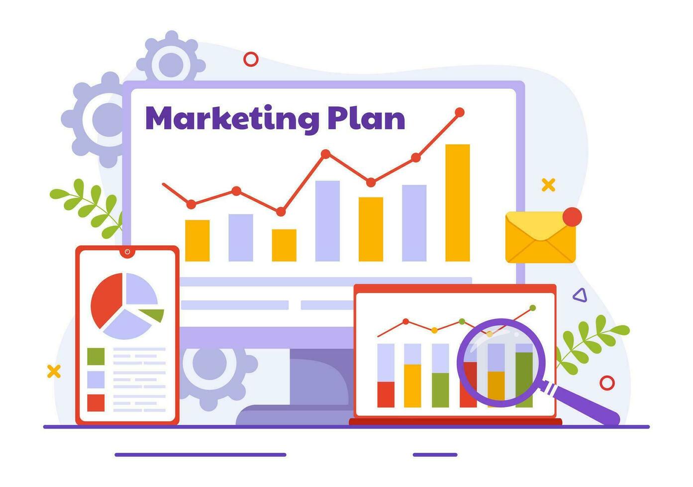 marknadsföring planen och företag strategi vektor illustration med effektiv tid planera och budget tillväxt i mål platt tecknad serie bakgrund design