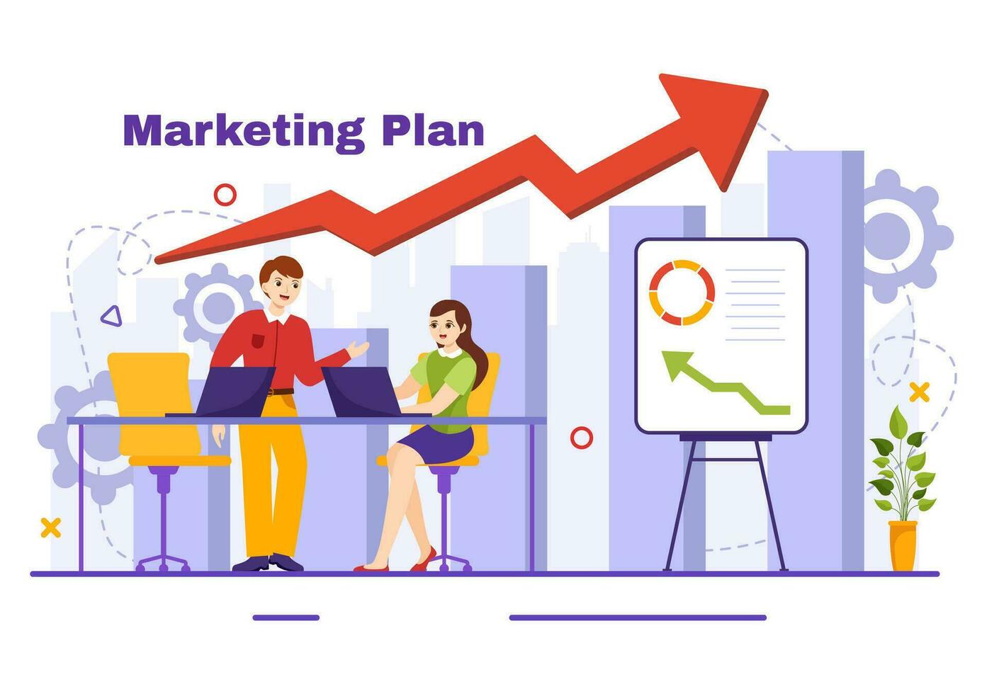 marknadsföring planen och företag strategi vektor illustration med effektiv tid planera och budget tillväxt i mål platt tecknad serie bakgrund design