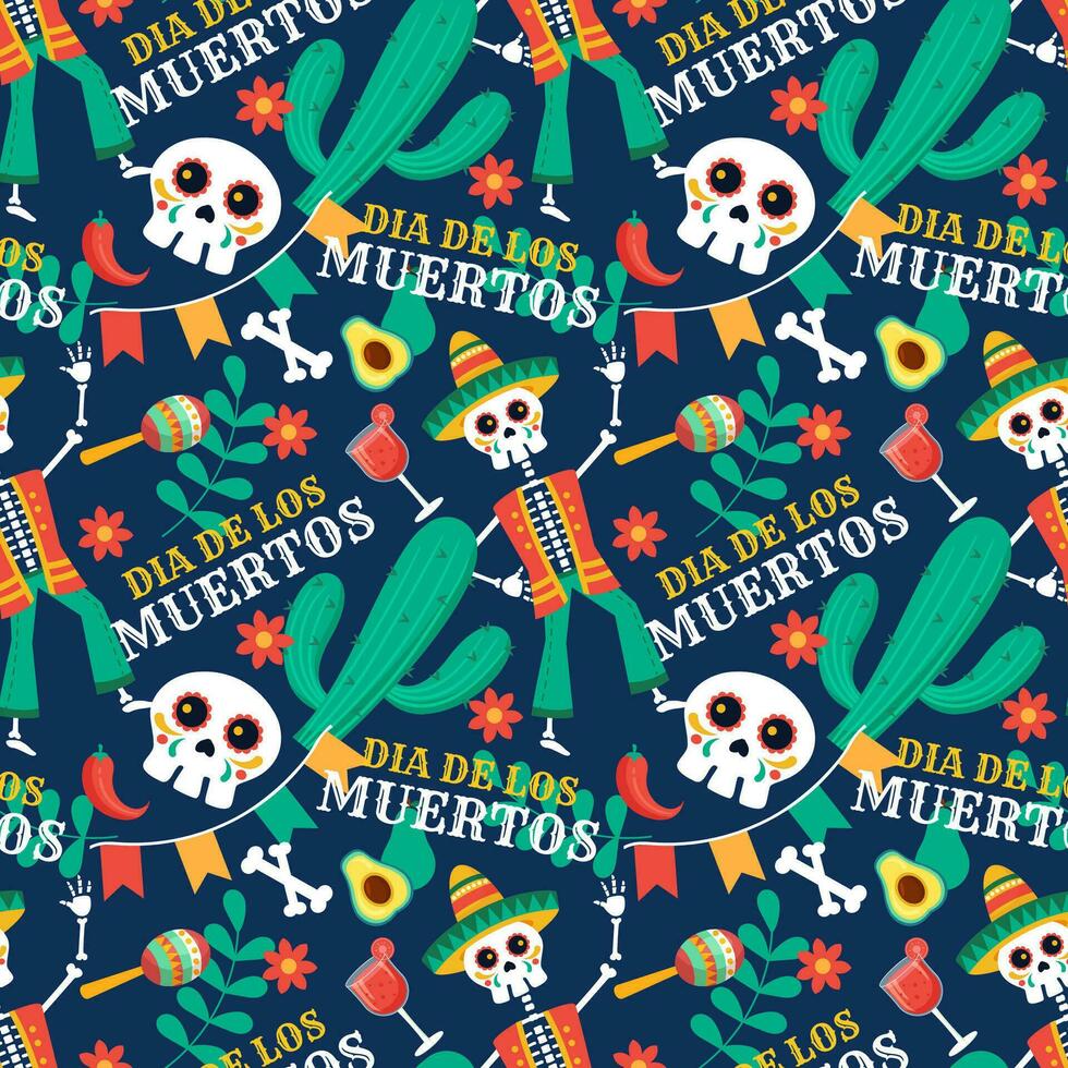 dia de muertos sömlös mönster illustration med dag av de död- och skelett element i mexikansk design vektor