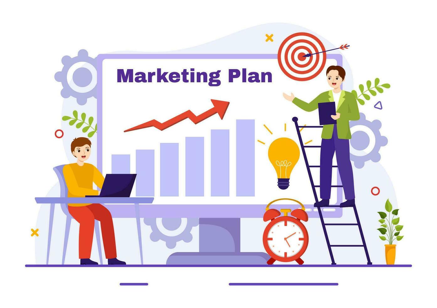 Marketing planen und Geschäft Strategie Vektor Illustration mit Wirksam Zeit Planung und Budget Wachstum im Ziel eben Karikatur Hintergrund Design