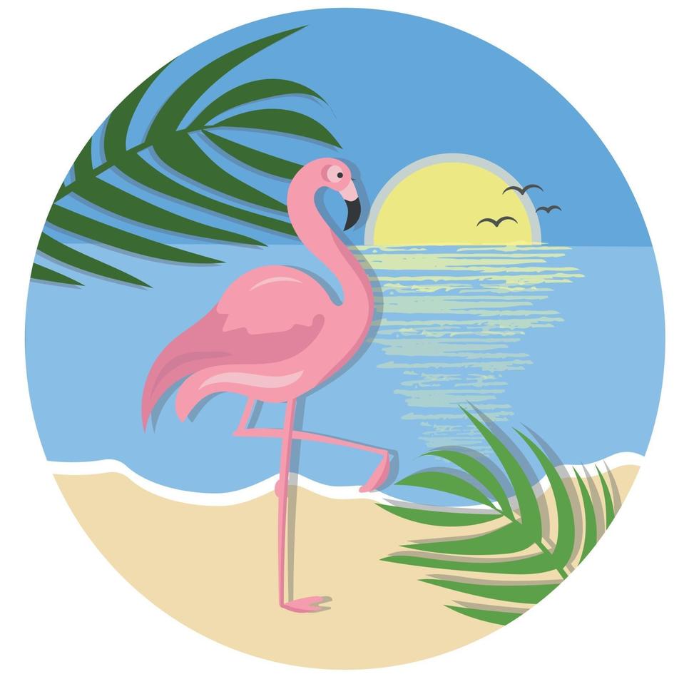 Rosa Flamingo am Strand, Sonnenuntergang über dem Meer vektor