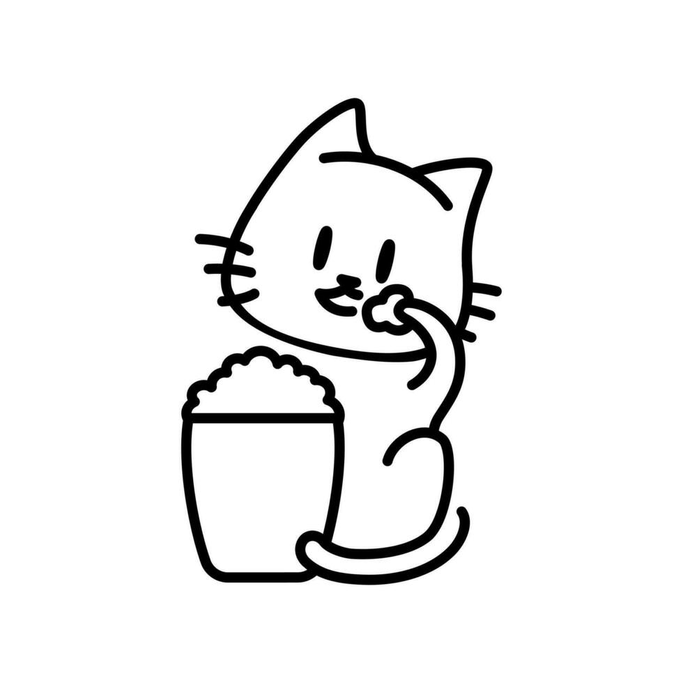 Katze Essen ein Popcorn. minimalistisch Linie Kunst Katze Zeichnung. vektor