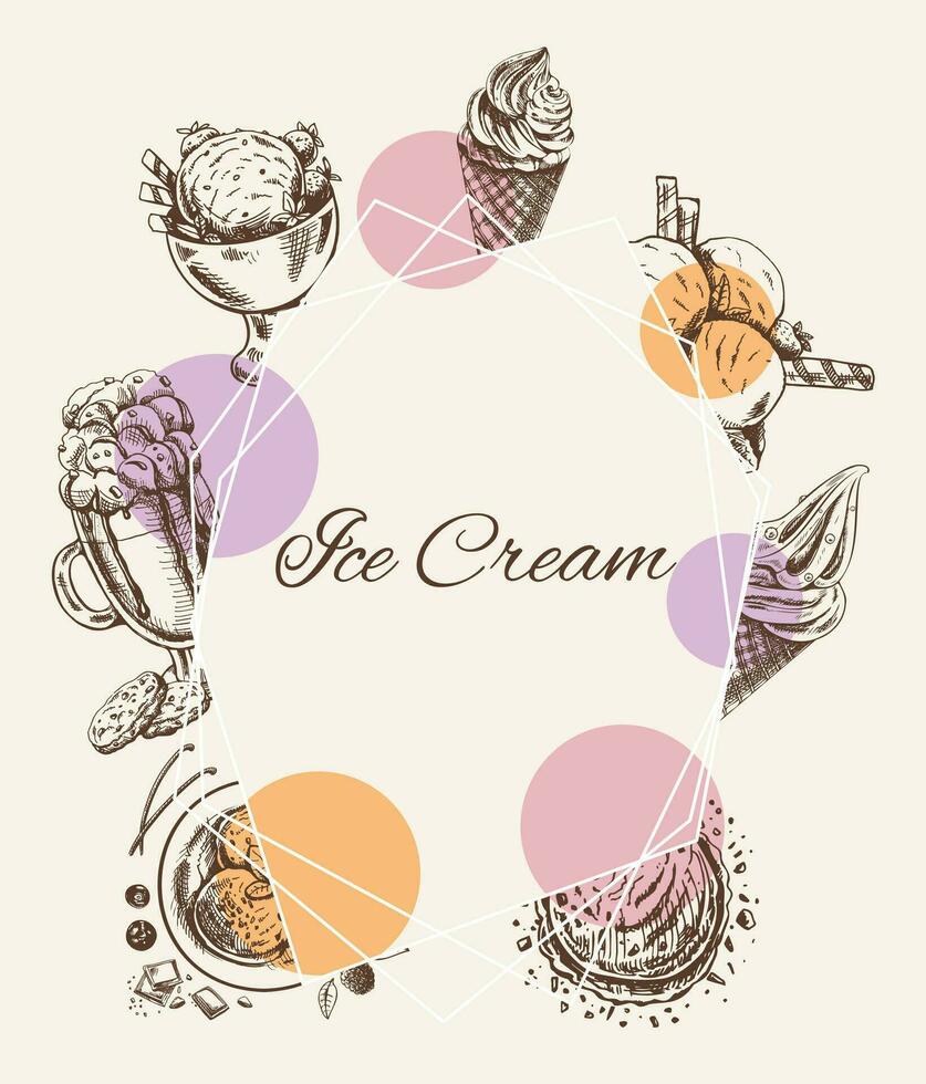 Eis Sahne Jahrgang Poster. handgemalt retro Vektor Illustration. Vorlage Element zum gefroren Süss Dessert Verpackung Design. skizzieren Stil.