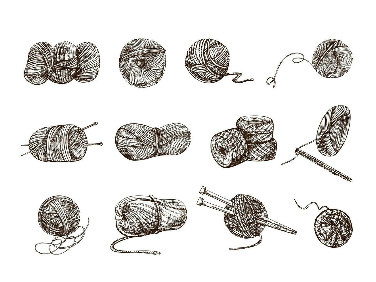 Hand gezeichnet skizzieren von Ball von Fäden, wolle, Stricken Nadeln. handgefertigt, Stricken Ausrüstung Konzept im Jahrgang Gekritzel Stil. Gravur Stil. vektor