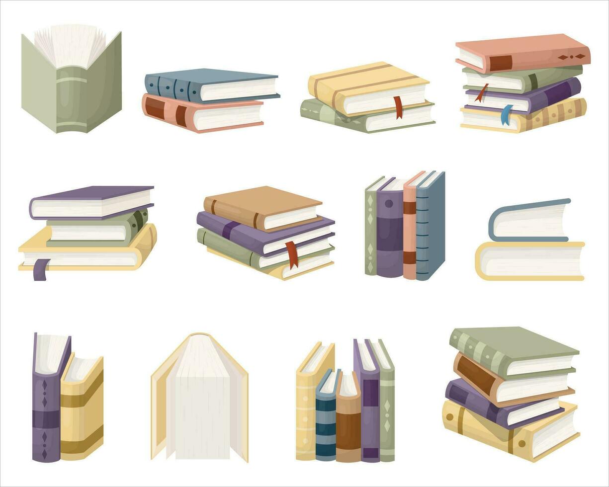 ein einstellen von Bücher. Bücher sind gestapelt, Lehrbücher sind gestapelt auf oben von jeder andere. Vektor Illustration auf ein Weiß Hintergrund.
