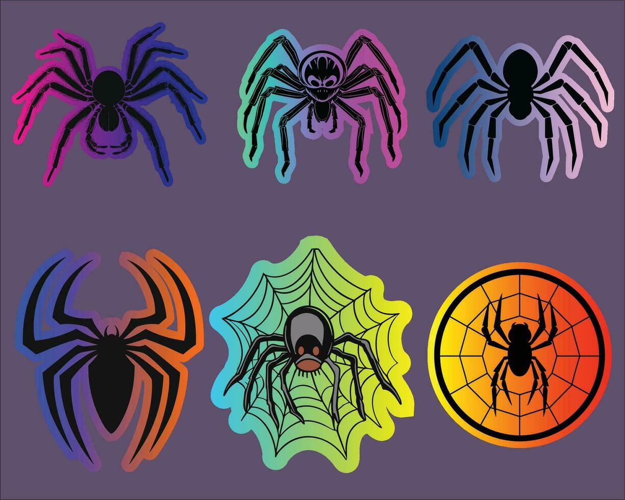 sechs bunt Spinnen und zwei Spinne Bahnen auf ein lila Hintergrund vektor