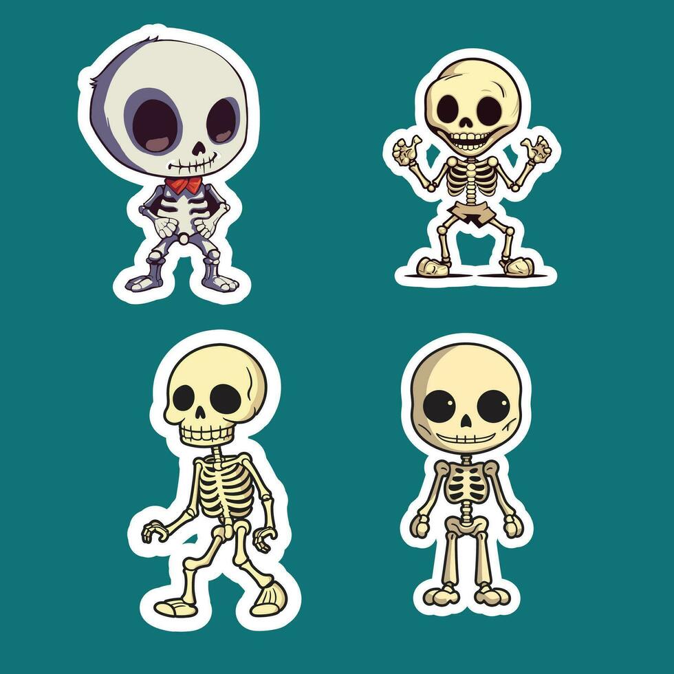 fyra tecknad serie skelett, en rolig och färgrik illustration vektor