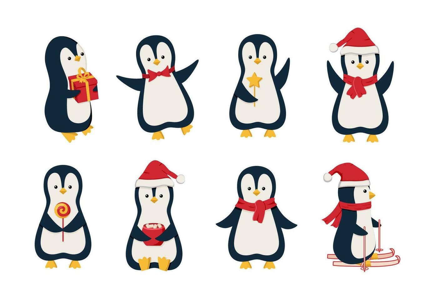 Pinguine einstellen lustig, Karikatur süß Zeichen feiern Neu Jahr und Weihnachten. Vektor Illustration von das Konzept von Winter Feiertage.