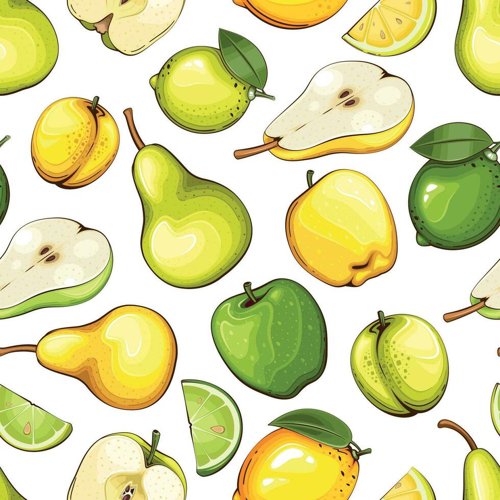 färgrik sömlös mönster med färsk frukter. sömlös mönster med äpplen och päron. mat mönster. frukt bakgrund. blandad frukt mönster. kök vibrerande design. färgrik vektor illustration