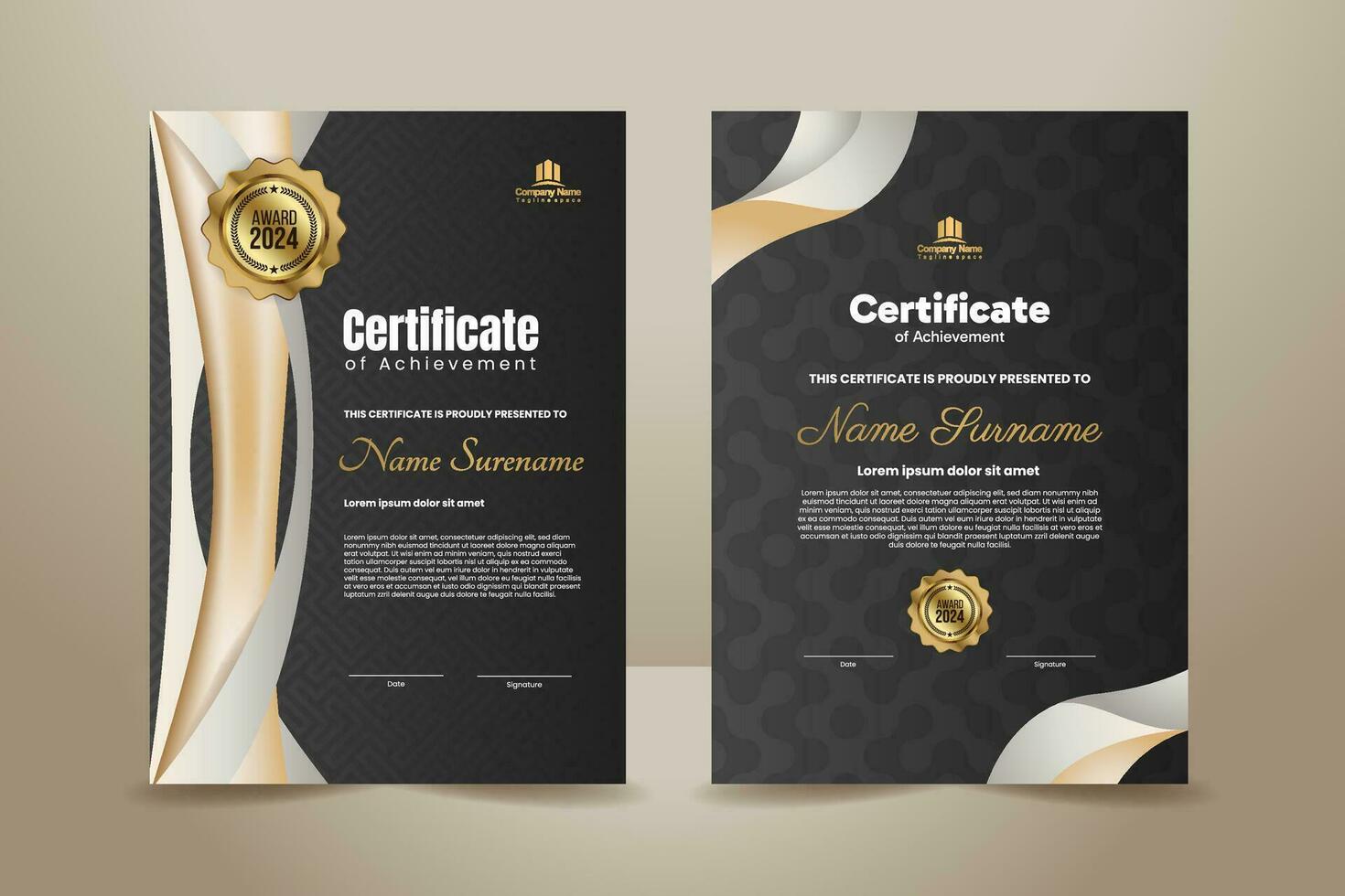 Luxus Prämie schwarz Zertifikat Vorlage Design mit Gold und Silber Ornament. Vektor Illustration