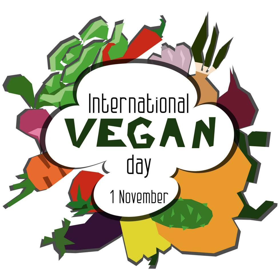 vektor platt illustration av de internationell vegan dag. lämplig för hälsning kort, affisch och baner. geometrisk grönsaker på en vit bakgrund moln med de inskrift november 1