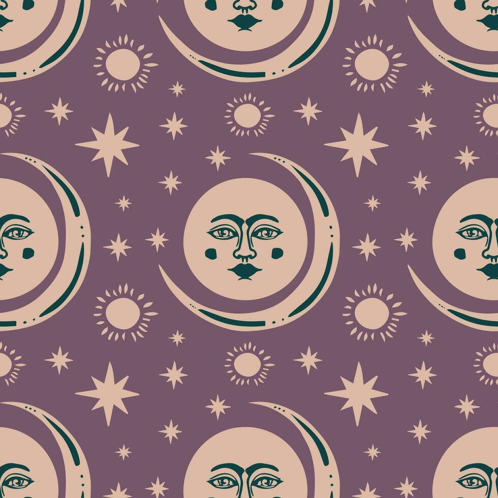 Mond und Halbmond auf ein lila Hintergrund dekoriert mit Sterne nahtlos Muster. Vektor Ornament im reto Stil.